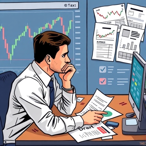 A visual representation of US tax forms and forex trading symbols