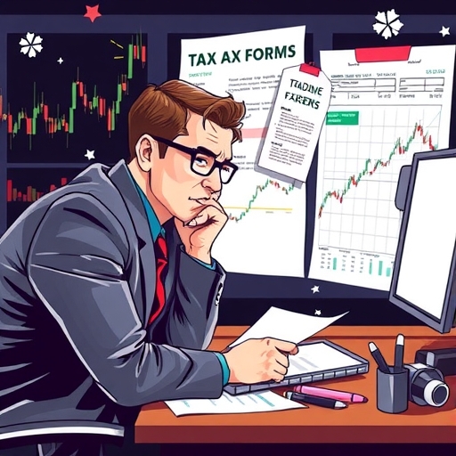 A thoughtful trader contemplating tax strategies at their trading desk