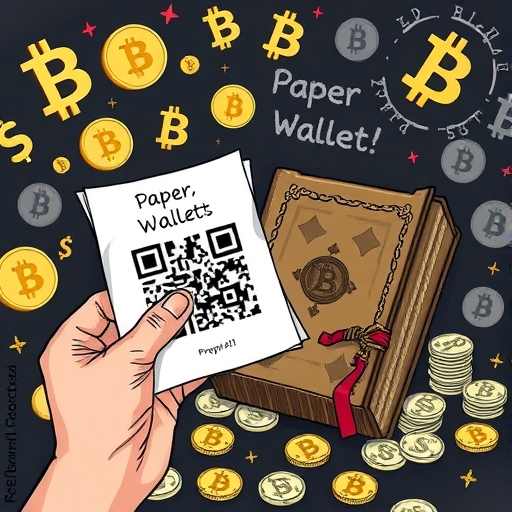 A whimsical scene depicting an ancient tome labeled 'paper wallet' surrounded by digital coins