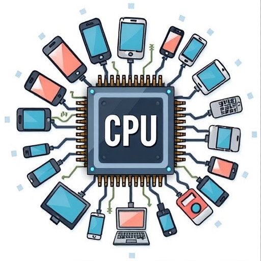 An illustration of a CPU surrounded by various devices like smartphones and computers, emphasizing its central role.
