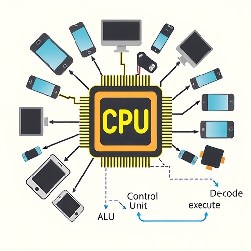 A diagram breaking down the CPU components like ALU and Control Unit, showcasing their functions.