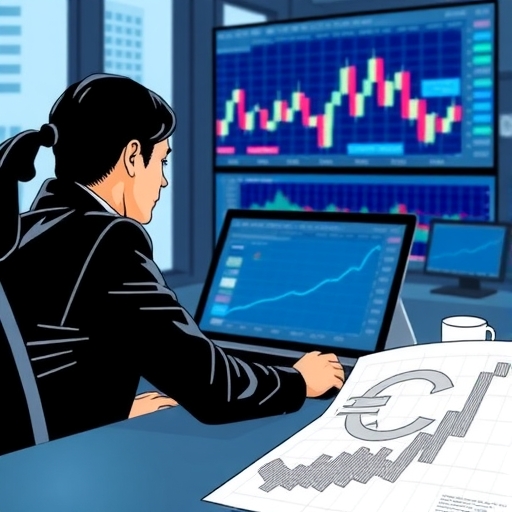 A trader analyzing currency charts in a modern office