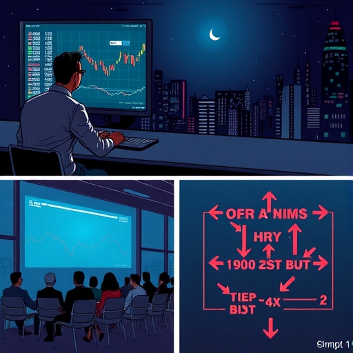 A trader analyzing forex charts at night, illuminated by a screen displaying Tom-Next rates.