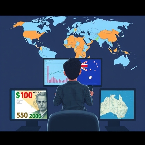 A forex trader analyzing the Australian dollar trends on multiple screens