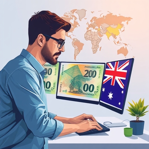 A conceptual illustration showing Australia’s natural resources affecting currency value