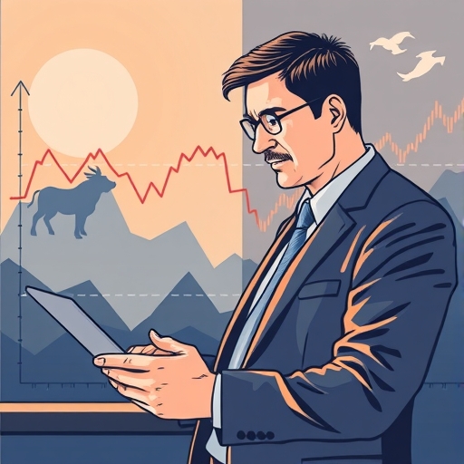 An investor analyzing market trends with graphs and charts in the background.