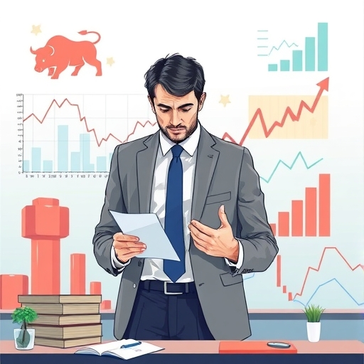 A dynamic financial landscape with bullish and bearish symbols contrasted.
