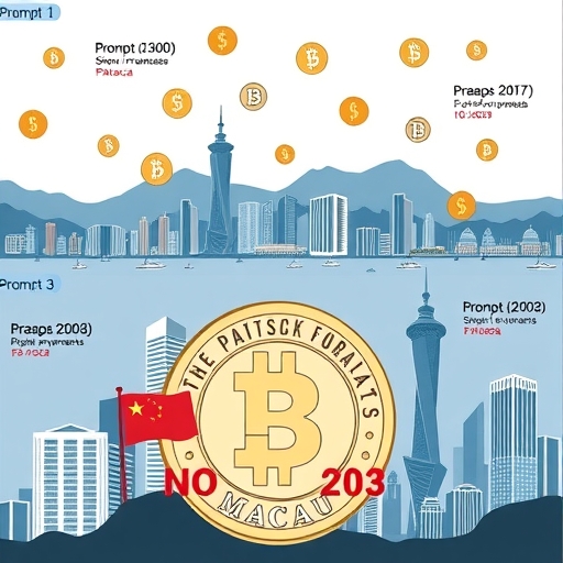 A digital representation of Macau's skyline with currency symbols