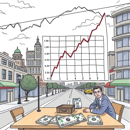 A dramatic graph showing a steep decline in GDP with worried investors in the background.
