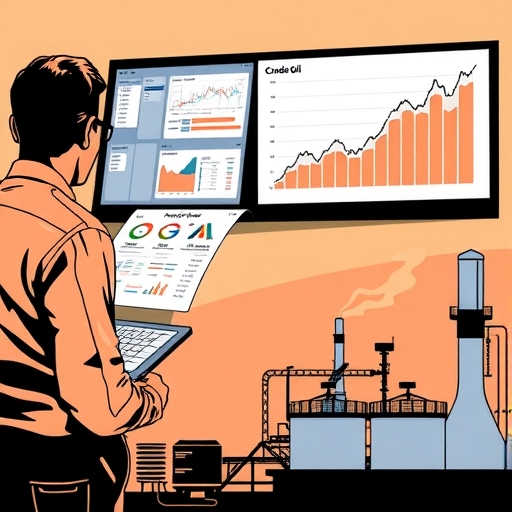 an illustration of a refinery with oil tanks