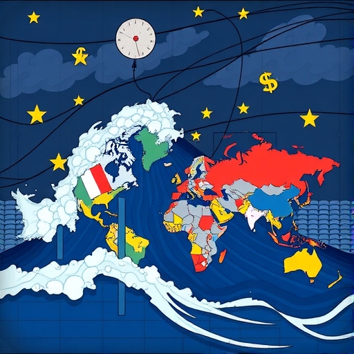 interconnected world map with national flags