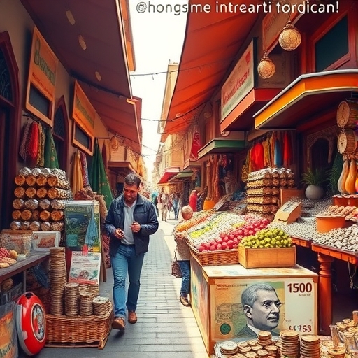 a vibrant Moroccan souk with Dirham coins displayed