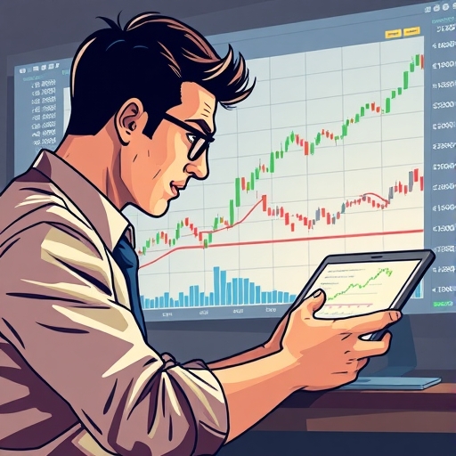 Art depicting emotional investor reactions to market movements with technical indicators