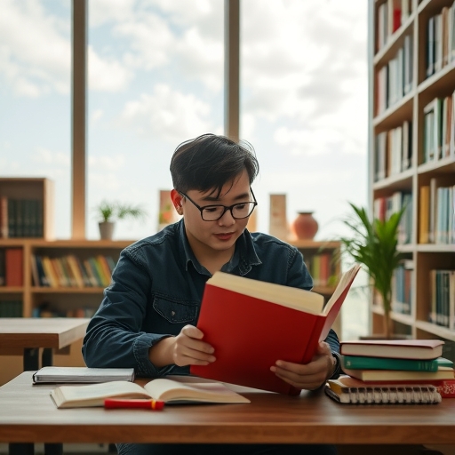 一位學生被書本環繞著學習