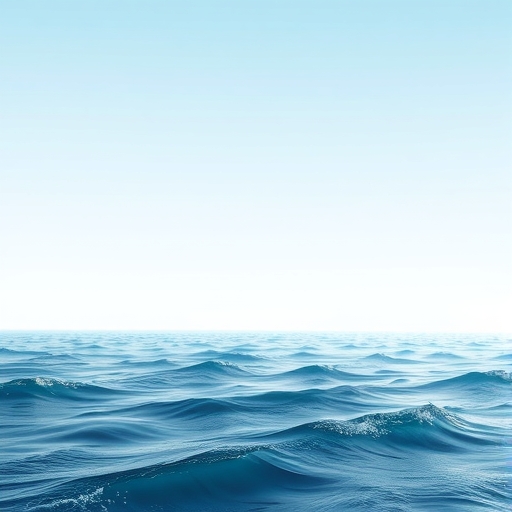平靜海面與輕柔海浪，地平線上有座燈塔的簡約插畫