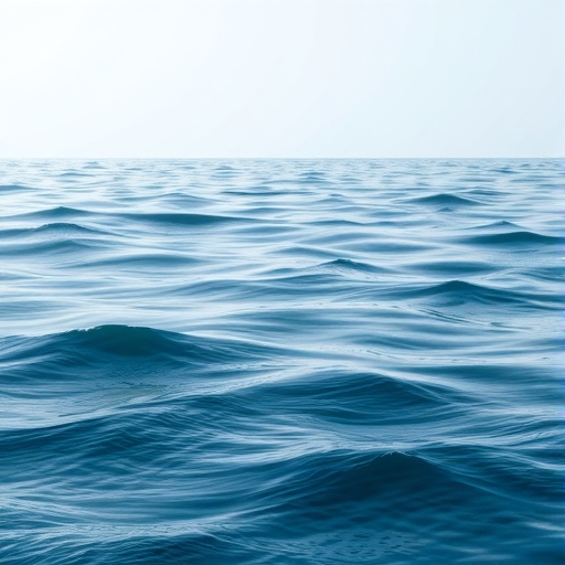 平靜海面與輕柔海浪，遠方有一艘小船的簡約插畫