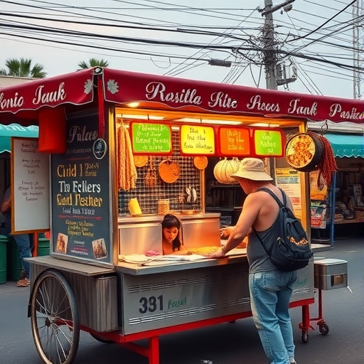 街頭小販的攤位展示著五顏六色的食品。