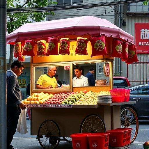 一位色彩鮮豔的街頭食品攤販。