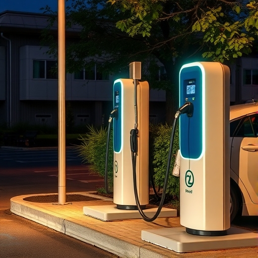 一座現代電動車充電站，展示綠色能源資訊，背景是繁忙的城市日落景觀。