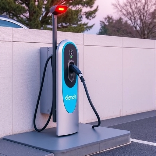 城市中未來感的電動車充電站，顯示綠色能源數據，一輛汽車正在充電。