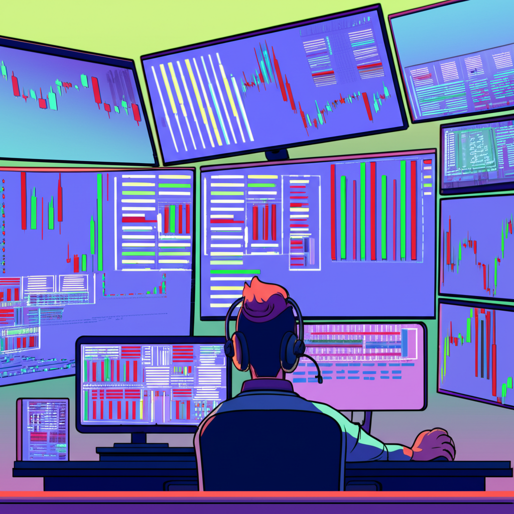Illustration of a trader analyzing multiple charts with different time frames displayed on screen