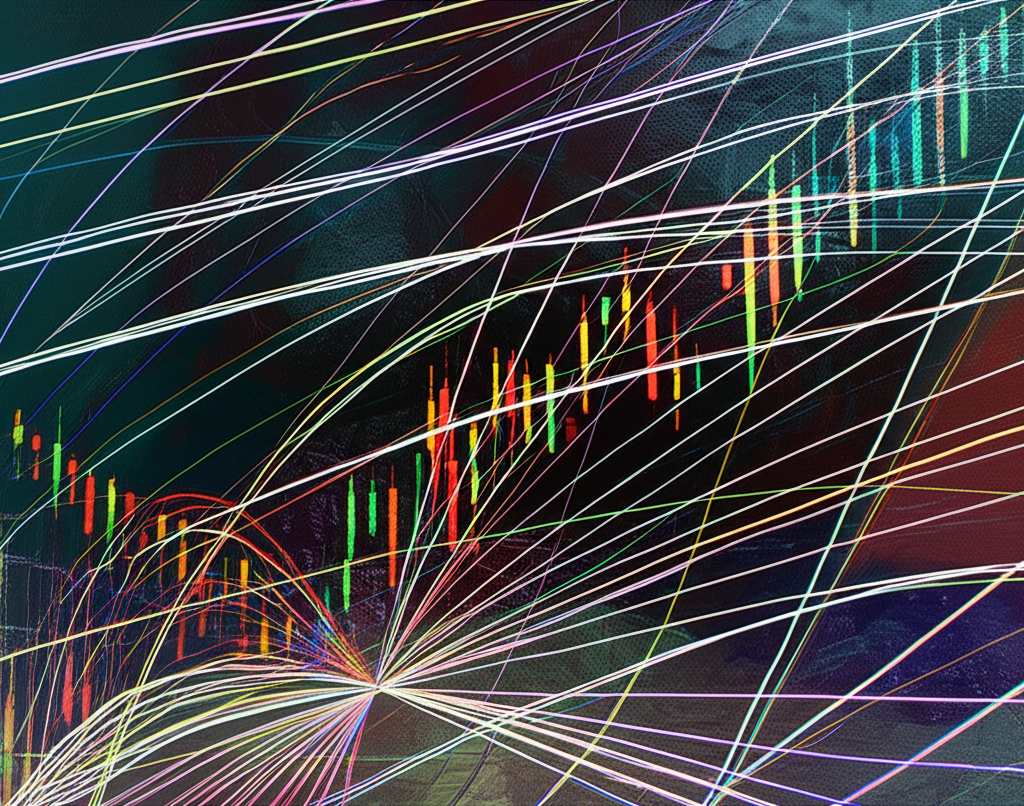 Art depicting trading strategies and risks in synthetic markets with visual balance of reward and danger