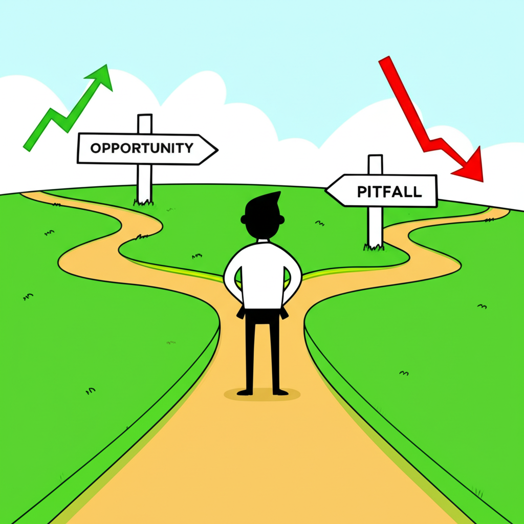 Illustration of an investor at a crossroads, one path leading to upward market graphs (opportunity), another to downward graphs (pitfall), symbolizing decision-making, educational guide style
