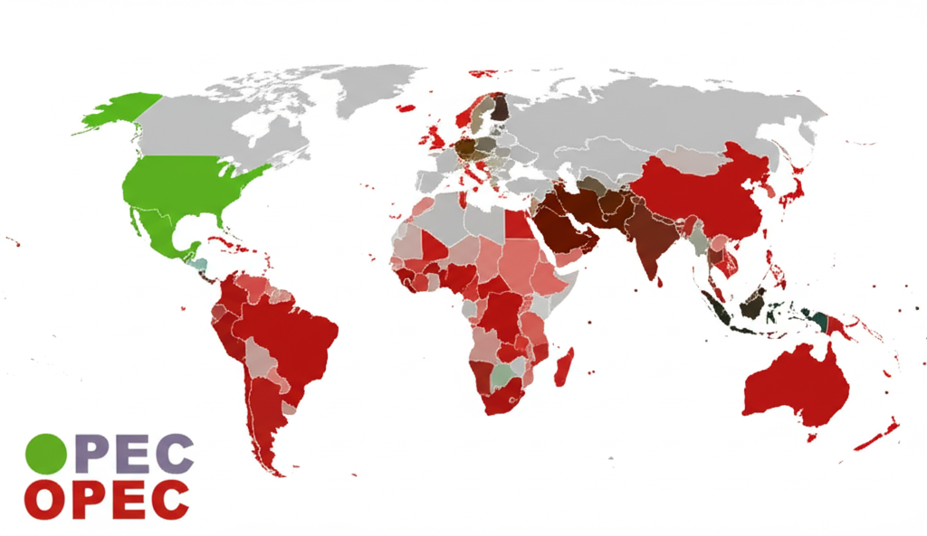 Global map highlighting OPEC member countries across Africa, the Middle East, and South America