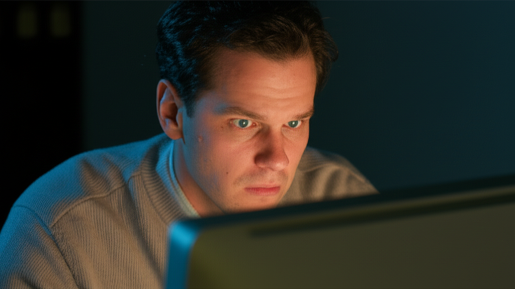 A scared user staring at a computer screen showing a fake trading platform balance