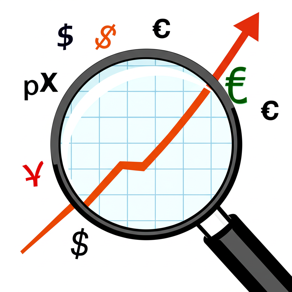 Illustration of a magnifying glass examining a vibrant stock chart showing a sharp, quick upward spike in prices, with various stock symbols around it, emphasizing rapid and noticeable increase, illustration style