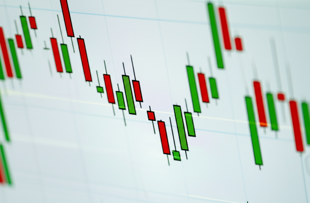 Bull and bear figures in a financial market illustrating the struggle reflected in a spinning top candlestick