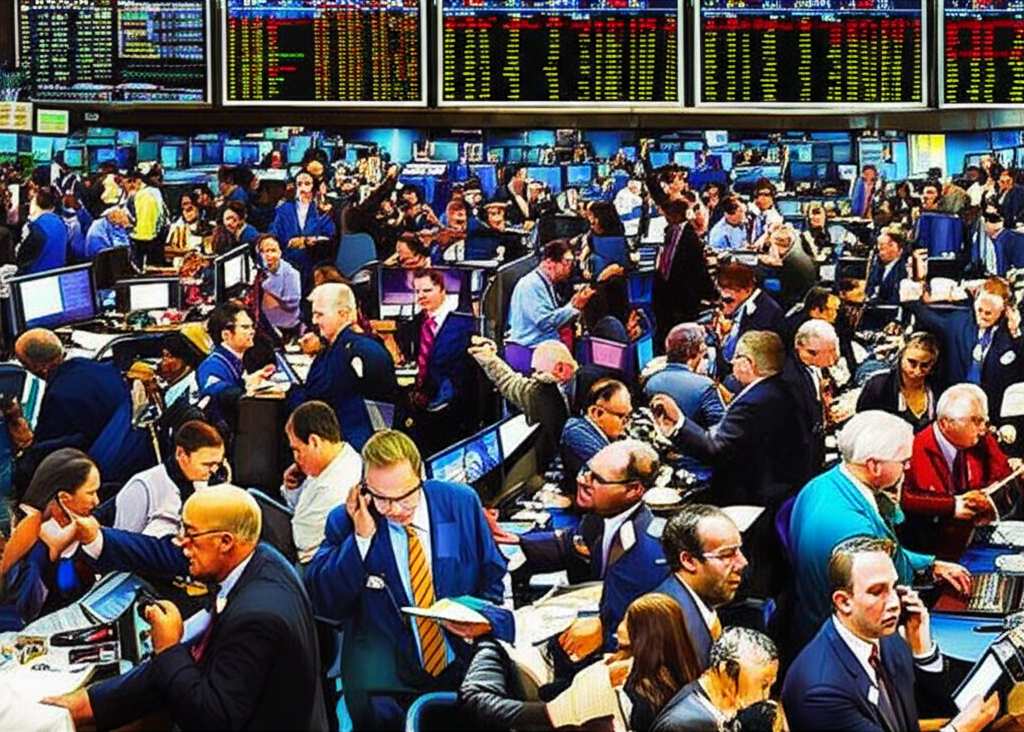 Chaotic stock market scene illustrating emotional volatility and trading pressure