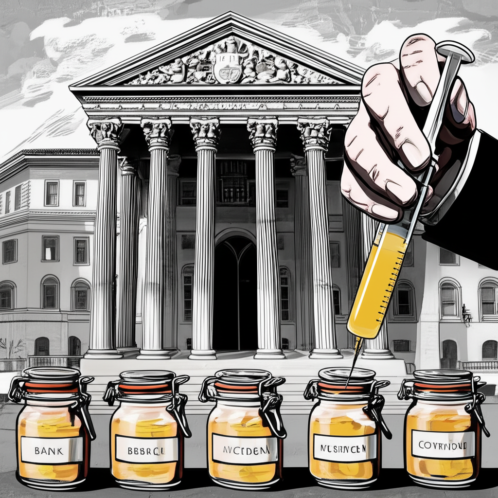 Illustration of a central bank using a small syringe to inject or withdraw liquid into bank jars, representing open market operations in a limited reserves system