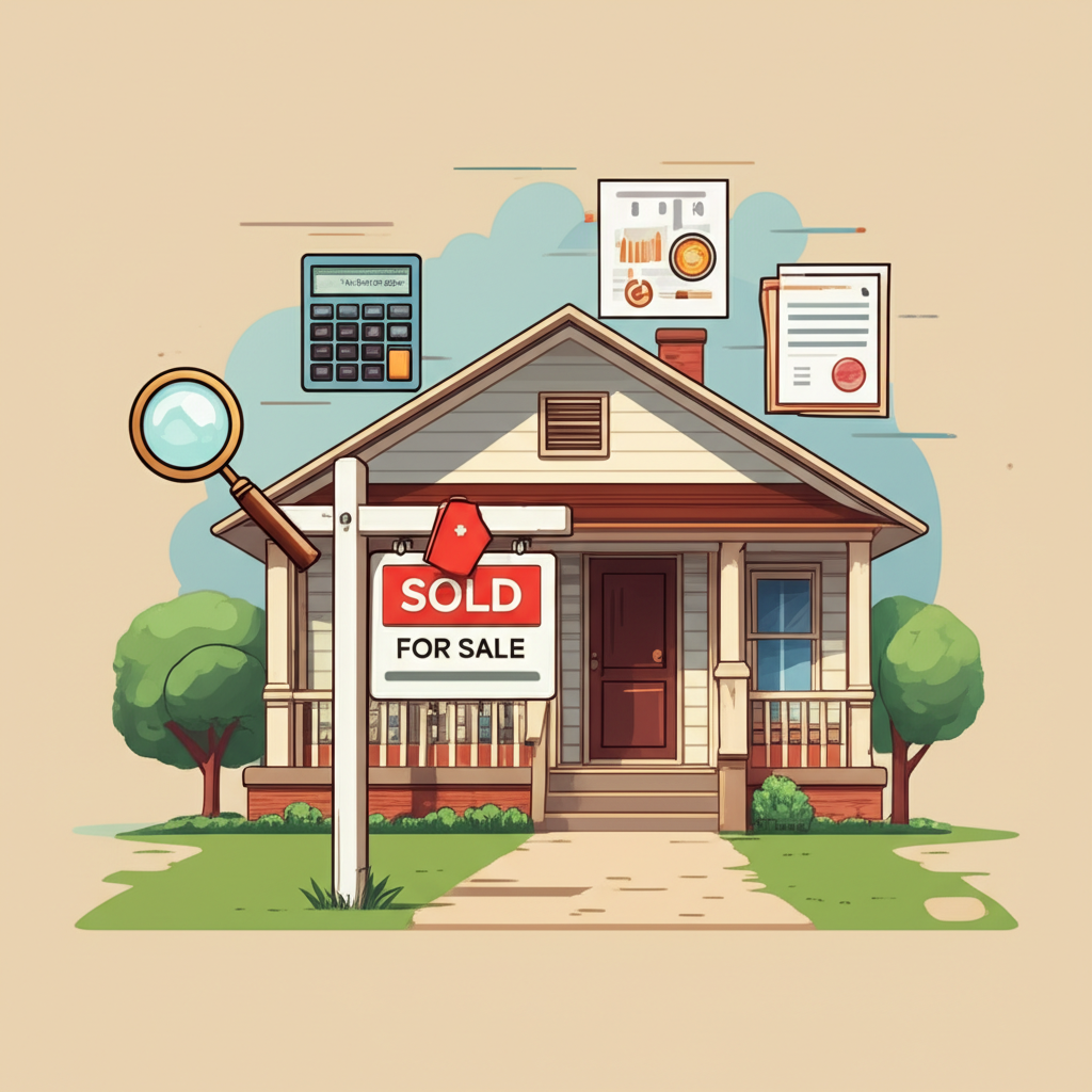 Illustration of a calendar with highlighted dates showing a 30-60 day timeline, surrounded by symbols like a clock, a stack of money for financing, a clipboard for inspection, and a house icon