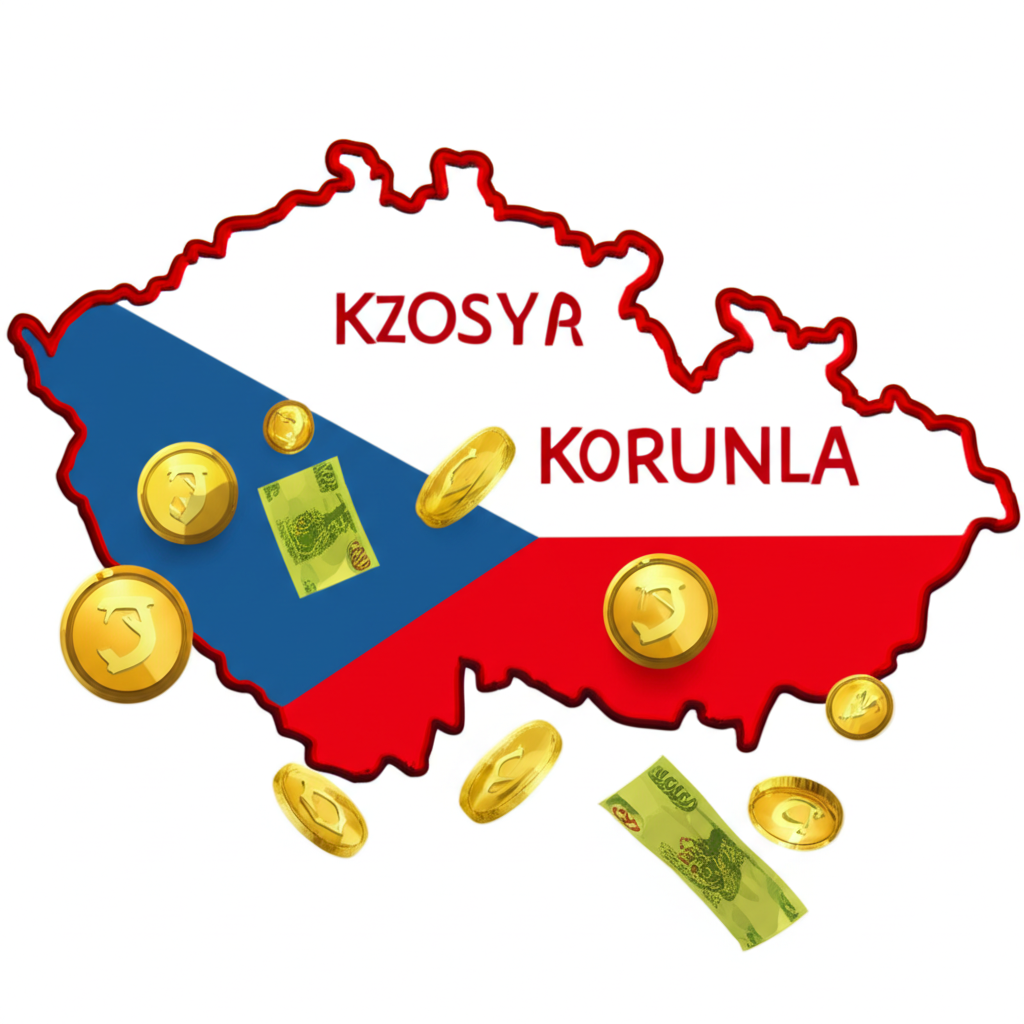 Map of the Czech Republic with floating Koruna banknotes and coins, symbolizing the national currency