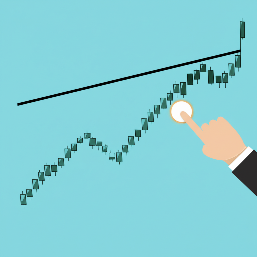 An illustration of a stock chart showing an uptrend with a temporary dip, representing a pullback. A hand points to the strategic entry point for traders.