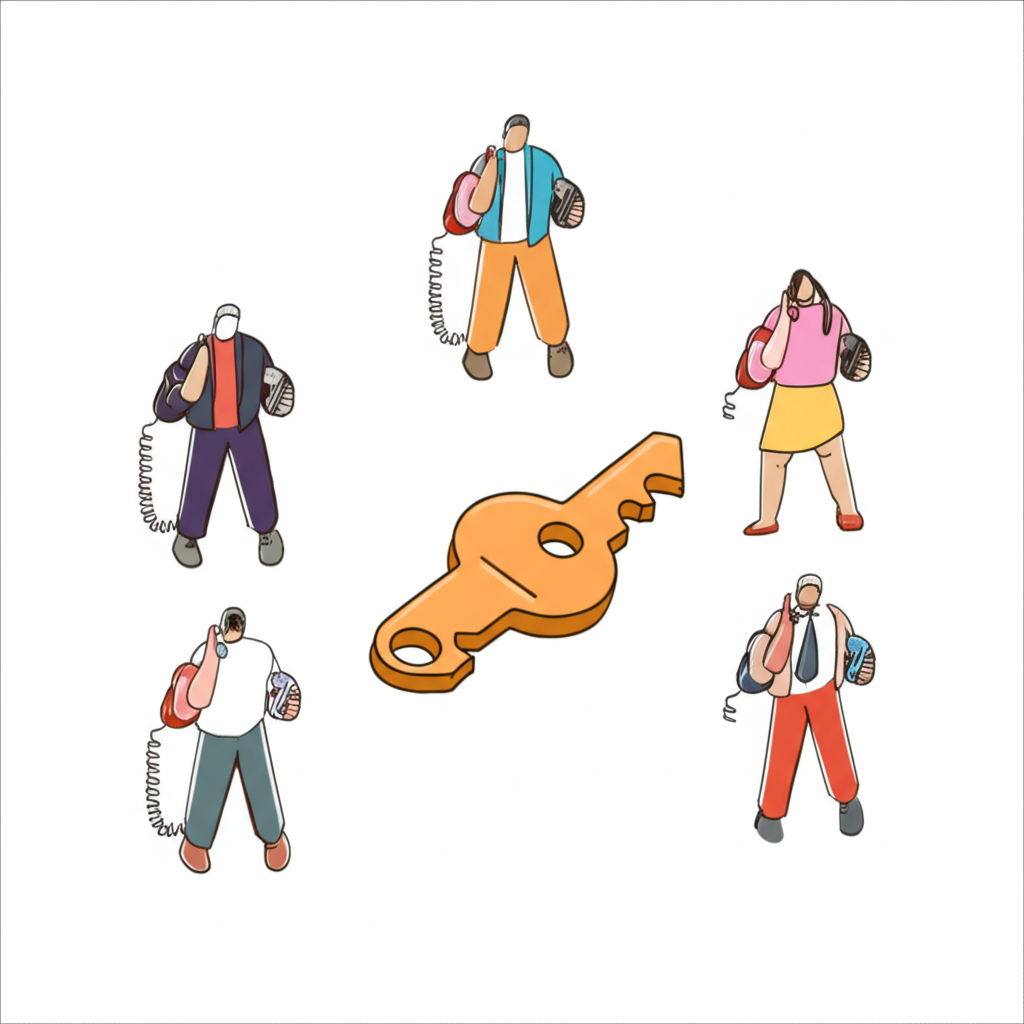 Public key illustrated as a publicly listed phone number with users calling a central figure holding the private key