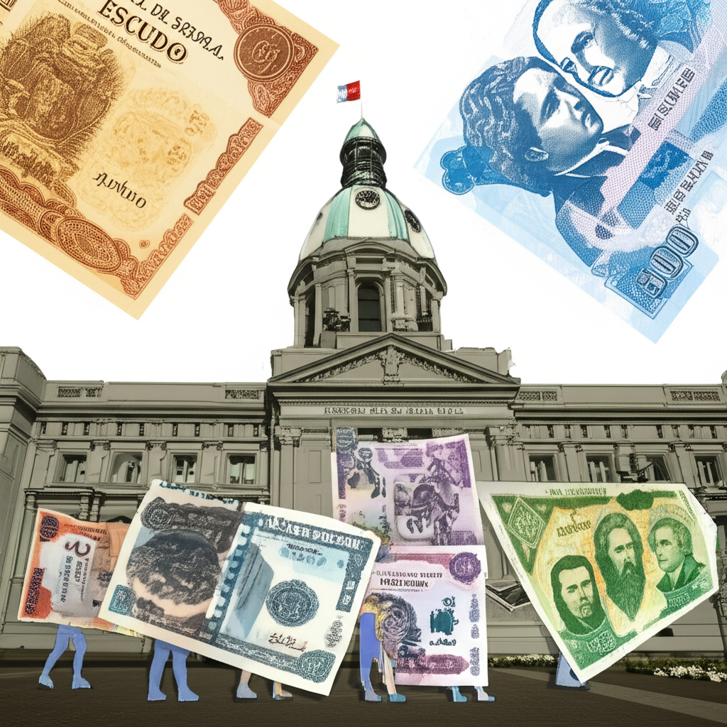 Illustration showing the evolution of Chilean currency from Escudo notes to modern Peso banknotes with the Central Bank in the background