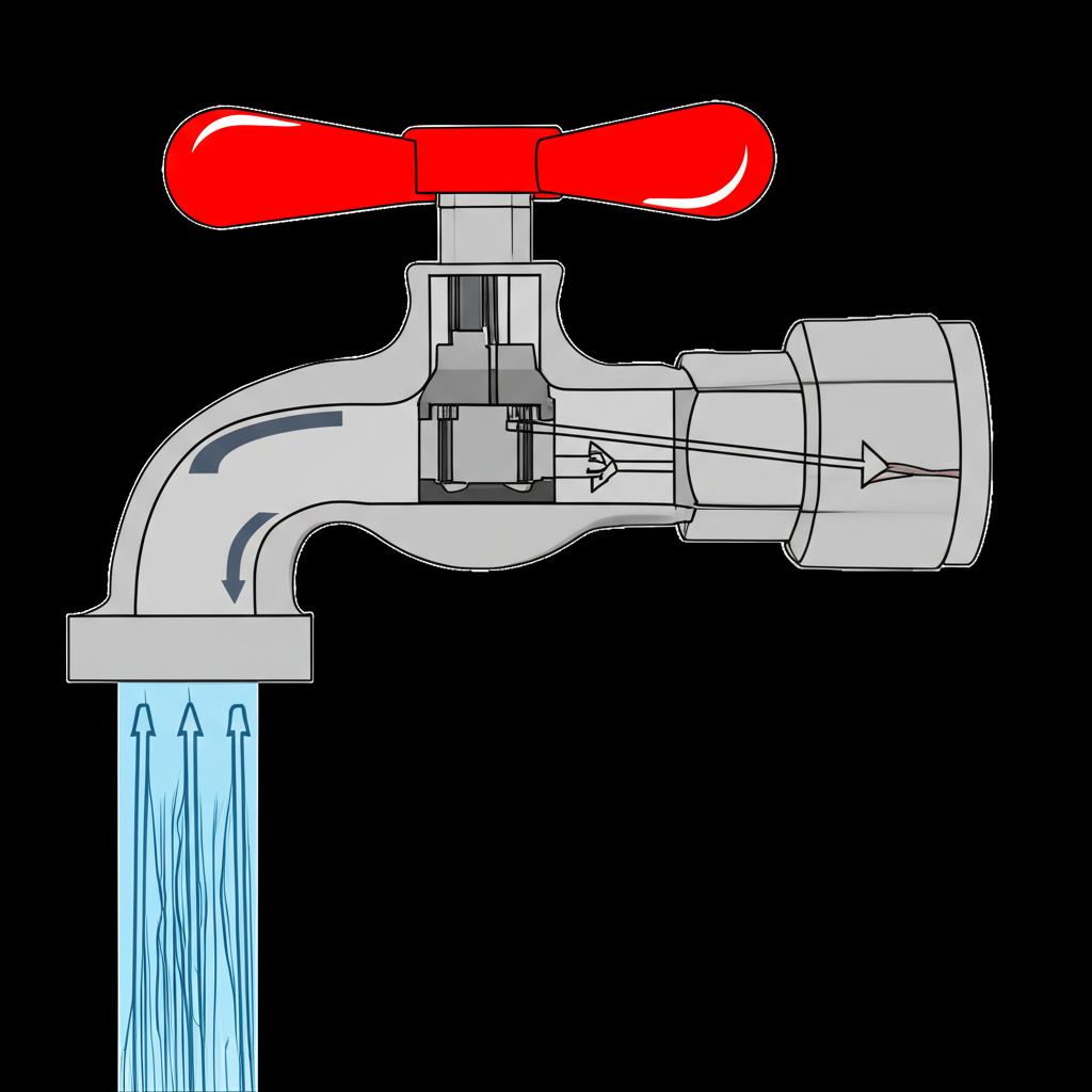 Illustration showing the internal mechanics of a faucet with visible valve, handles, spout, and water flow regulation