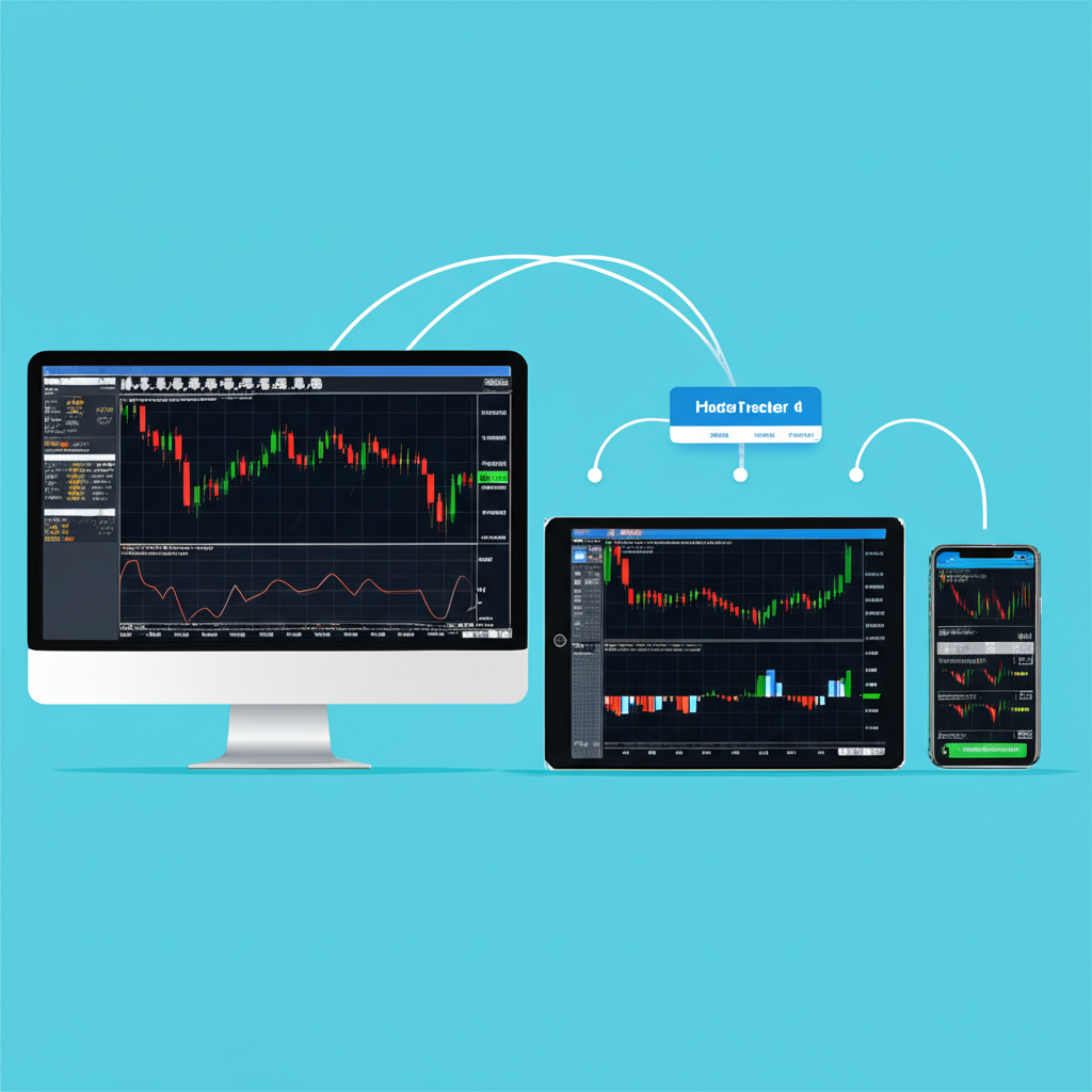 Trader using MetaTrader 4 and MetaTrader 5 across desktop, web, and mobile devices with real-time charts and tools