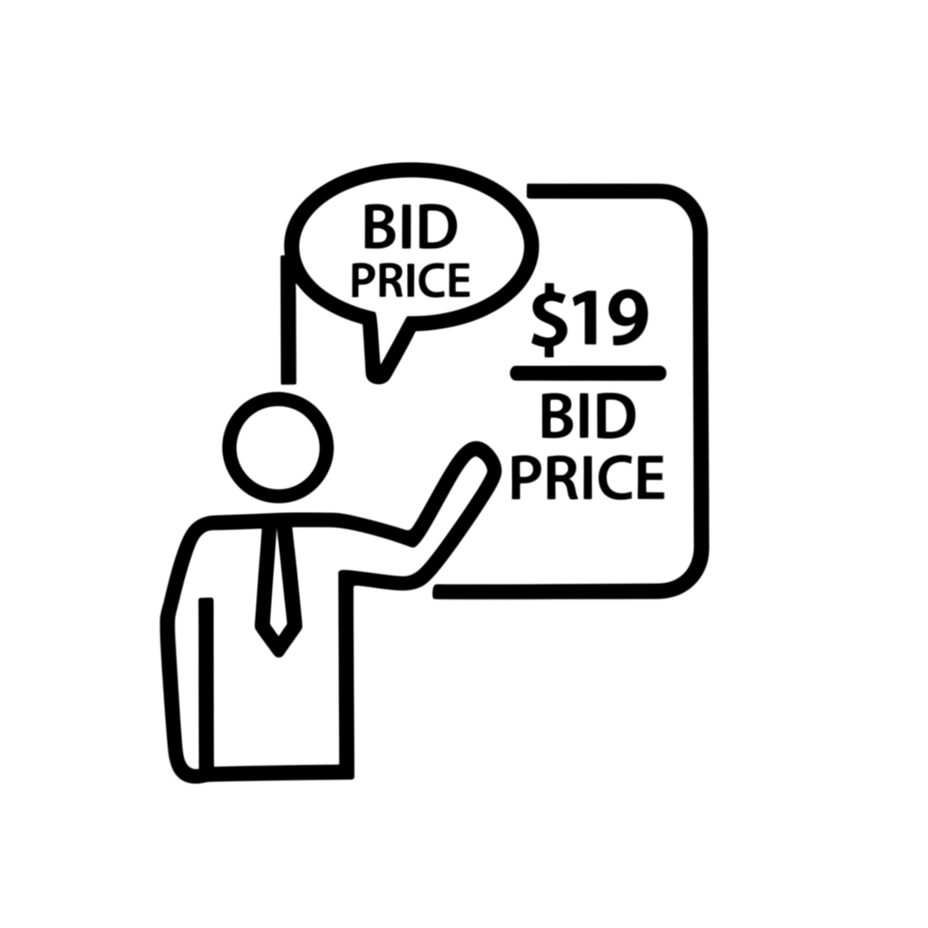 Illustration of a buyer figure with a thought bubble showing a high price, interacting with a digital screen displaying a 'Bid Price' label