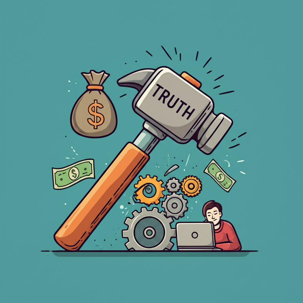 Illustration of common forex myths being shattered by a hammer labeled 'Truth,' revealing gears and hard work underneath