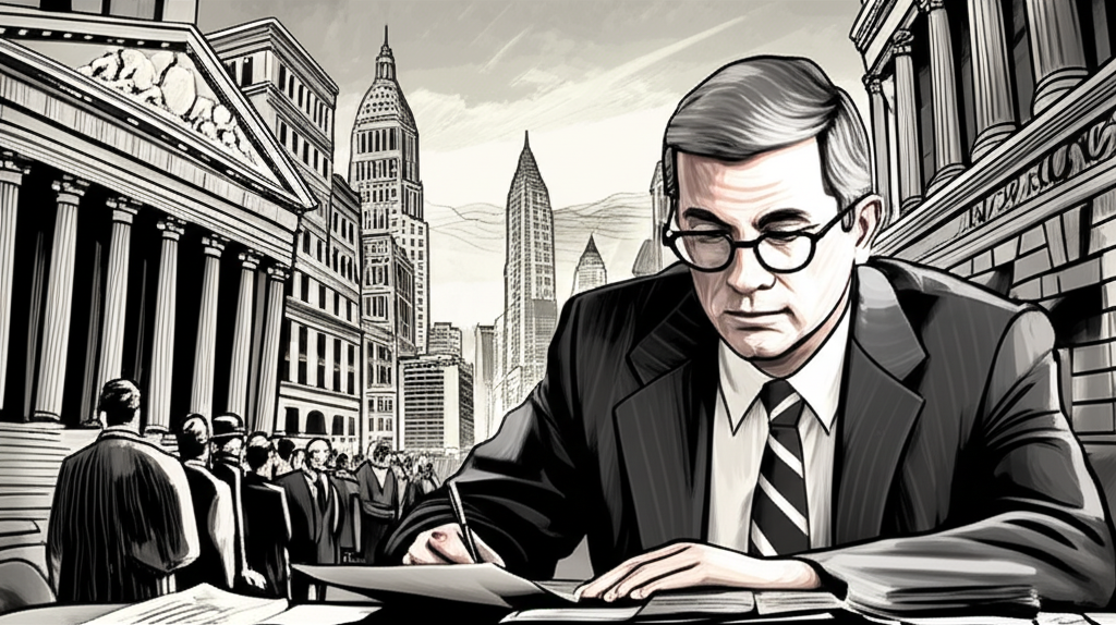 Illustration of a distressed 1930s cityscape with collapsing banks and people in line, overlaid with a thoughtful Ben Bernanke studying documents, symbolizing his research on the Great Depression's financial mechanisms, in an illustration style.