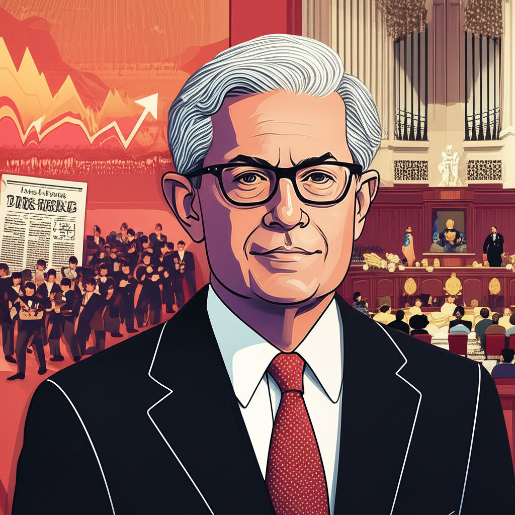 Illustration of Ben S. Bernanke, a distinguished economist, standing confidently before a backdrop showing both the chaos of the 2008 financial crisis and the calm of a Nobel Prize ceremony, with subtle references to the Great Depression, in a modern, clean illustration style.