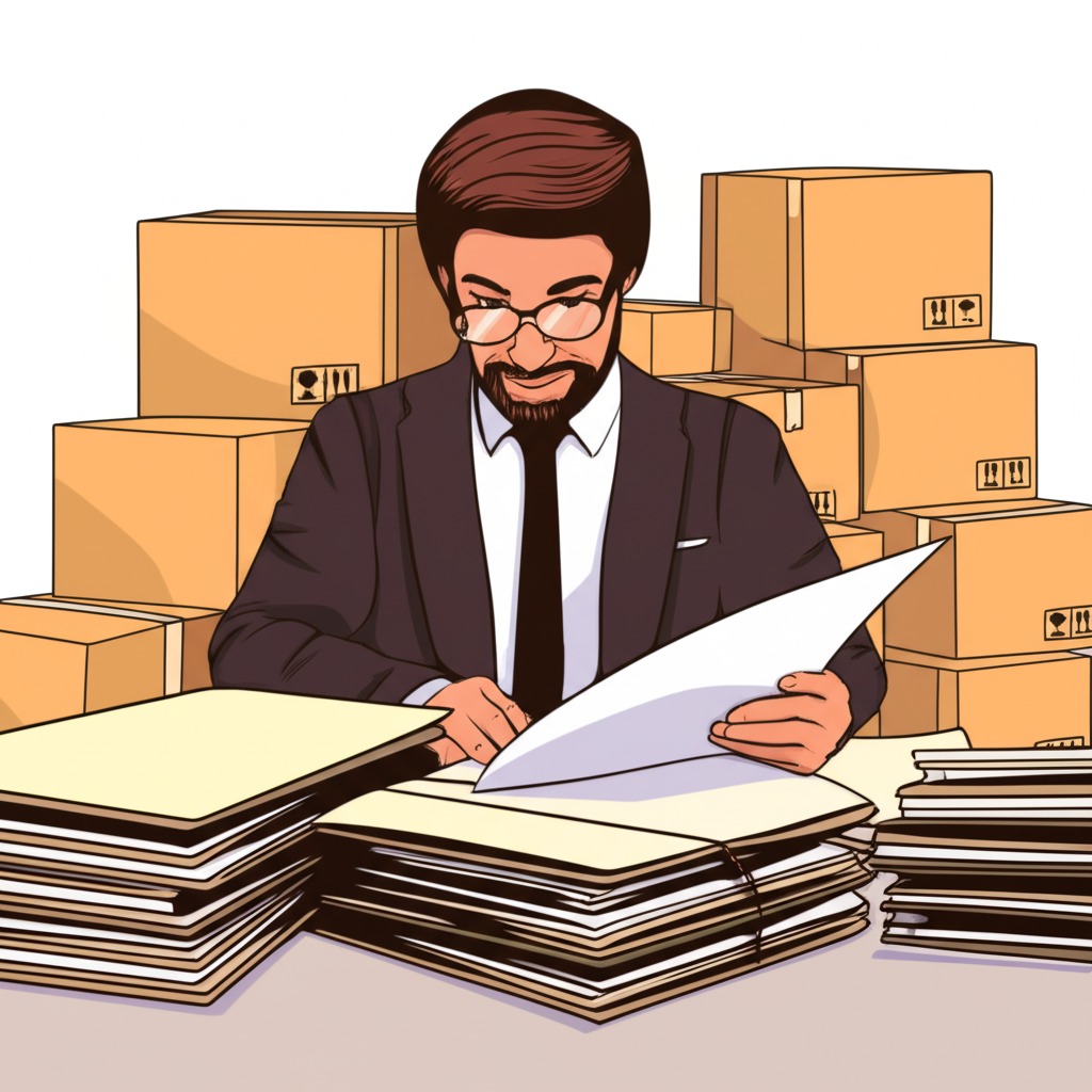 Illustration of an accountant reviewing ledgers with stacks of inventory boxes in the background, showing financial valuation and compliance with FIFO