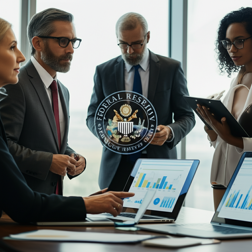 Senior loan officers analyzing lending standards and loan demand in a professional setting with Federal Reserve branding
