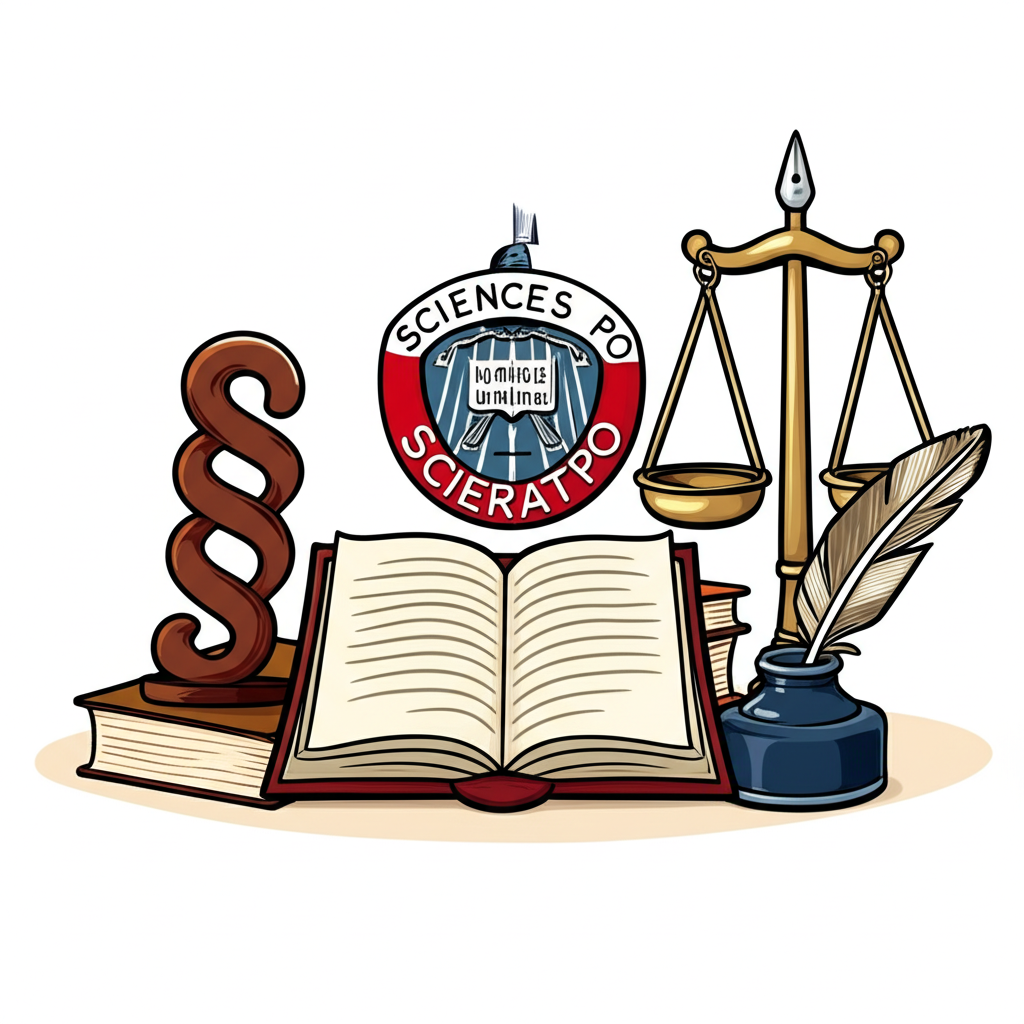 Illustration showing university settings in France, with symbols of law (scales, books) and literature (open book, quill), and a distinct emblem for Sciences Po, representing higher education and specialization