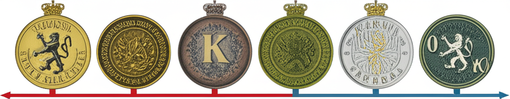 Timeline illustration of Czech currency evolution from Austro-Hungarian Krone to Czechoslovak crown and modern Czech Koruna