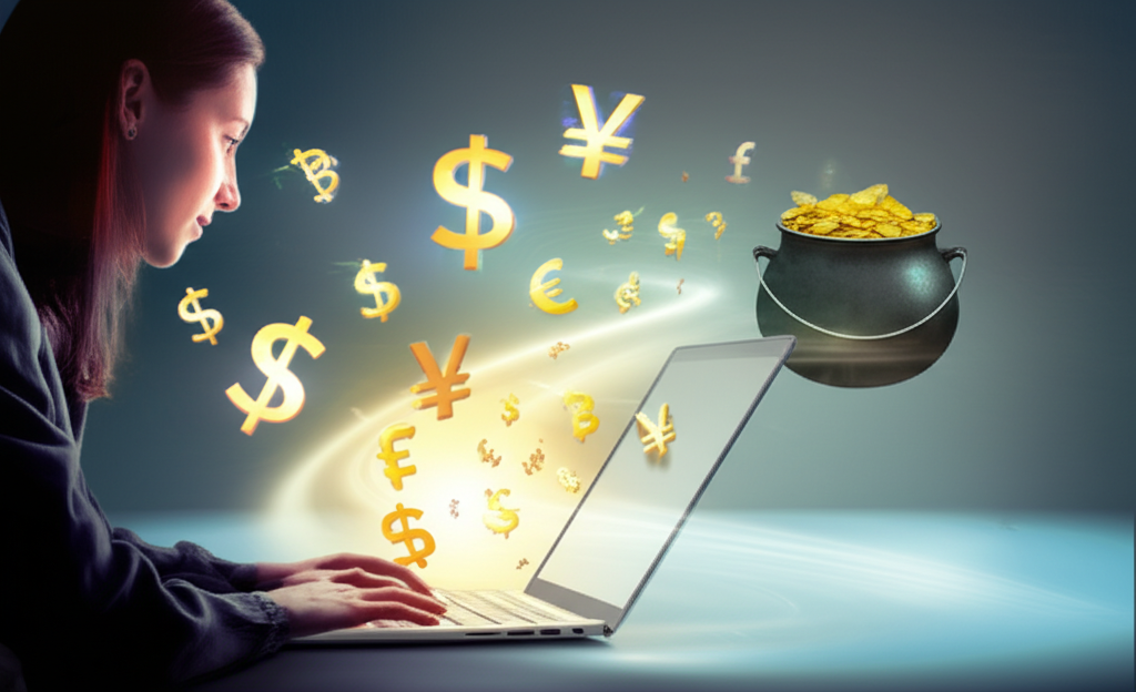 Illustration of a person on a laptop surrounded by glowing currency symbols and a mirage-like path to a pot of gold, symbolizing the illusion of quick wealth in forex trading
