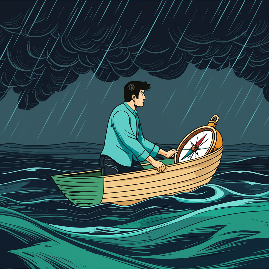 Ilustración de una persona navegando un mar tormentoso con una brújula, representando el riesgoso mercado de Forex, con nubes oscuras y trampas ocultas que simbolizan estafas sofisticadas